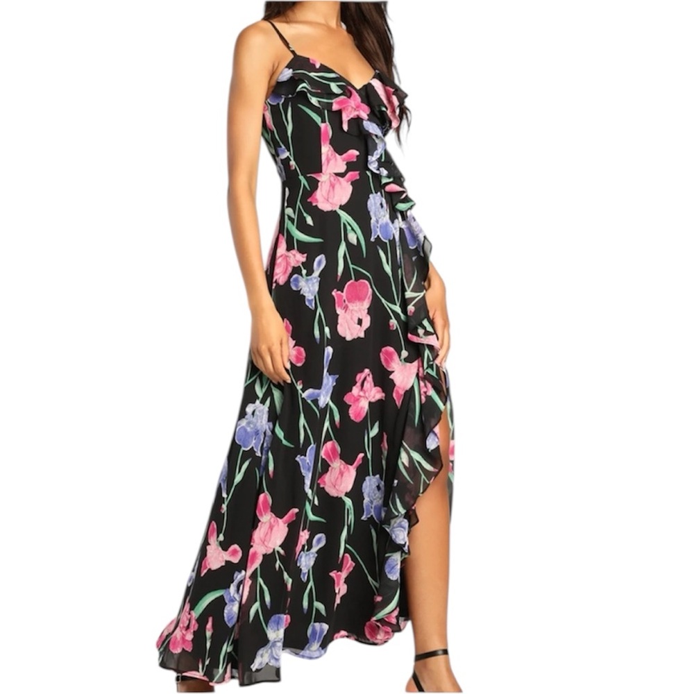 Lulu’s Elegant Bliss Black Dark Floral‎ Print Ruffled Sleeveless Maxi Dress - Picture 2 of 10